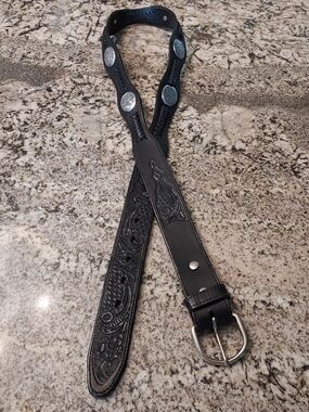 Vtg. J R Palacios Men's Tooled Belt w Intricate Braiding & Silver Conchos. Sz 42